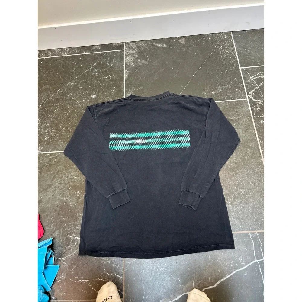 Adidas Mens Long Sleeve Graphic T-Shirt Black Teal Checkered Mountain Logo XL